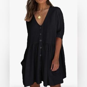 Swimsuit Cover Button Down Dress with Pockets, black, One Size